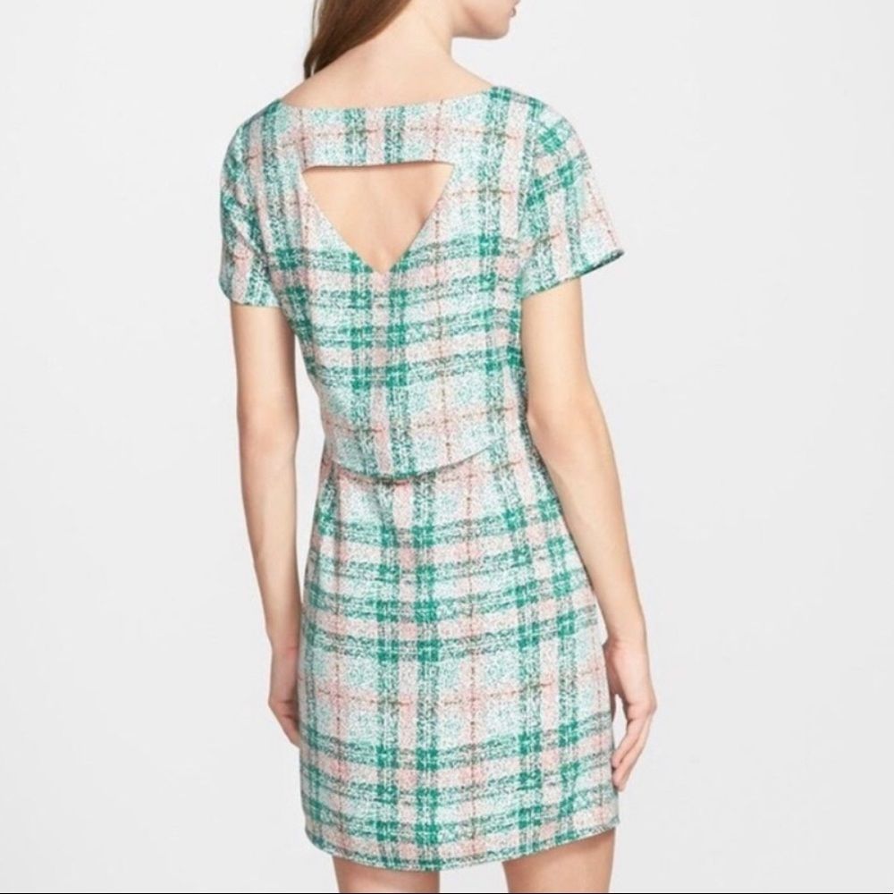 Cooper & Ella Pink Green Plaid Print Back Cutout Short Sleeve Dress size Small - Picture 2 of 12